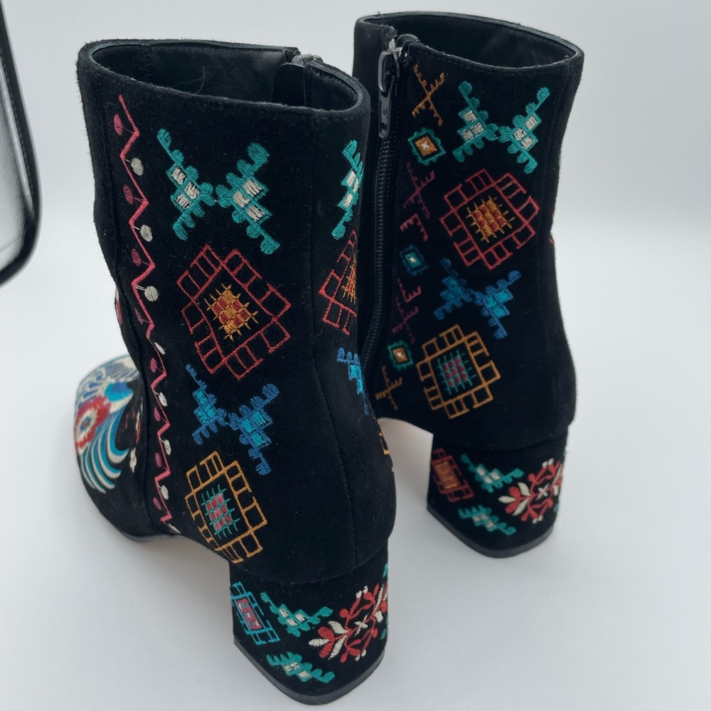 Embroidered Black Velvet Ankle Boots with Multicolor Floral Accents - Picture 4 of 16